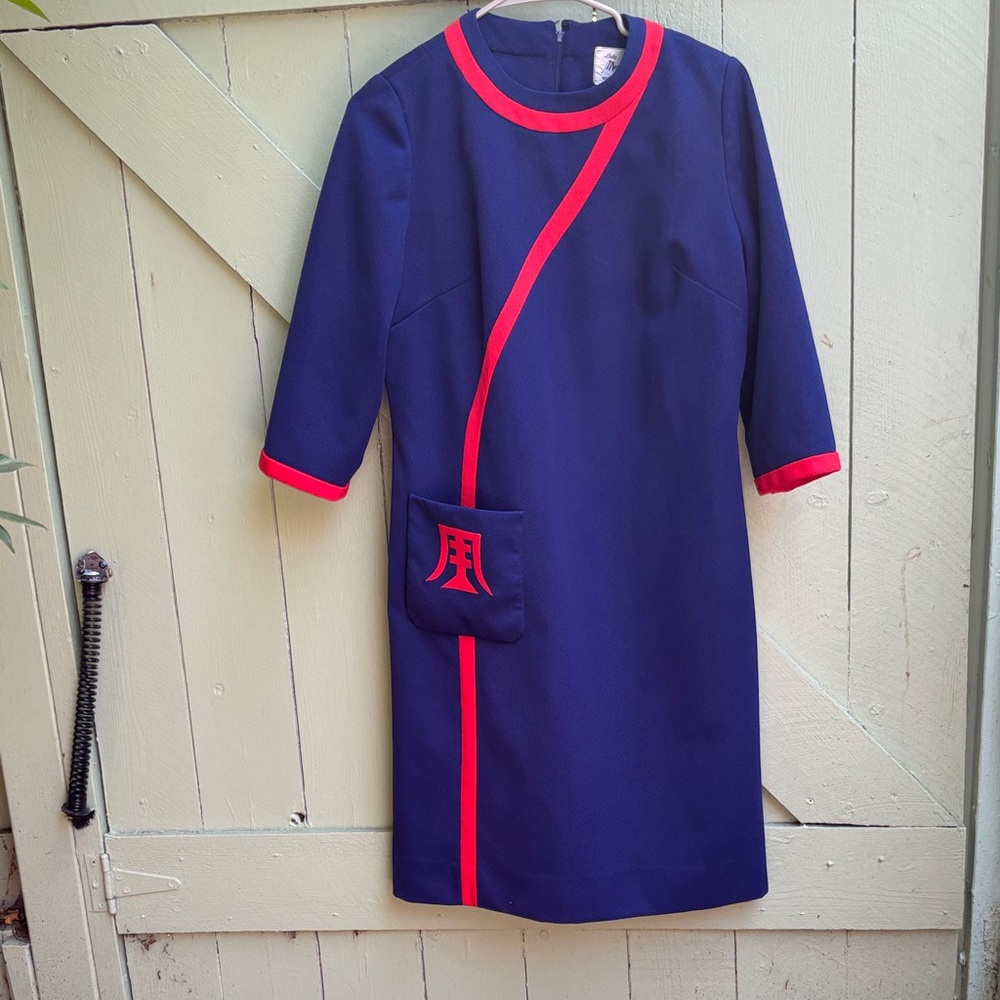 Vintage Navy Midi Dress with Red Trim